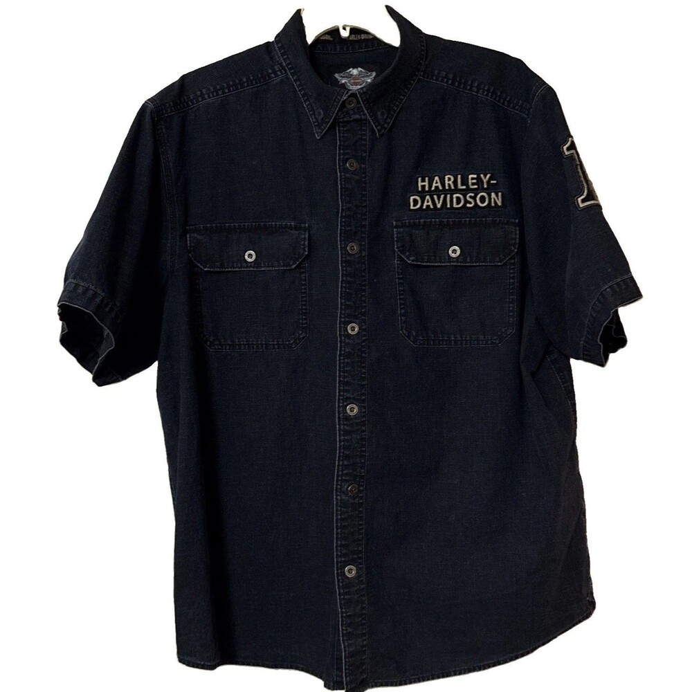 Mens HARLEY-DAVIDSON Denim Short Sleeve Shirt Button Up Dark Blue Sz XL EUC